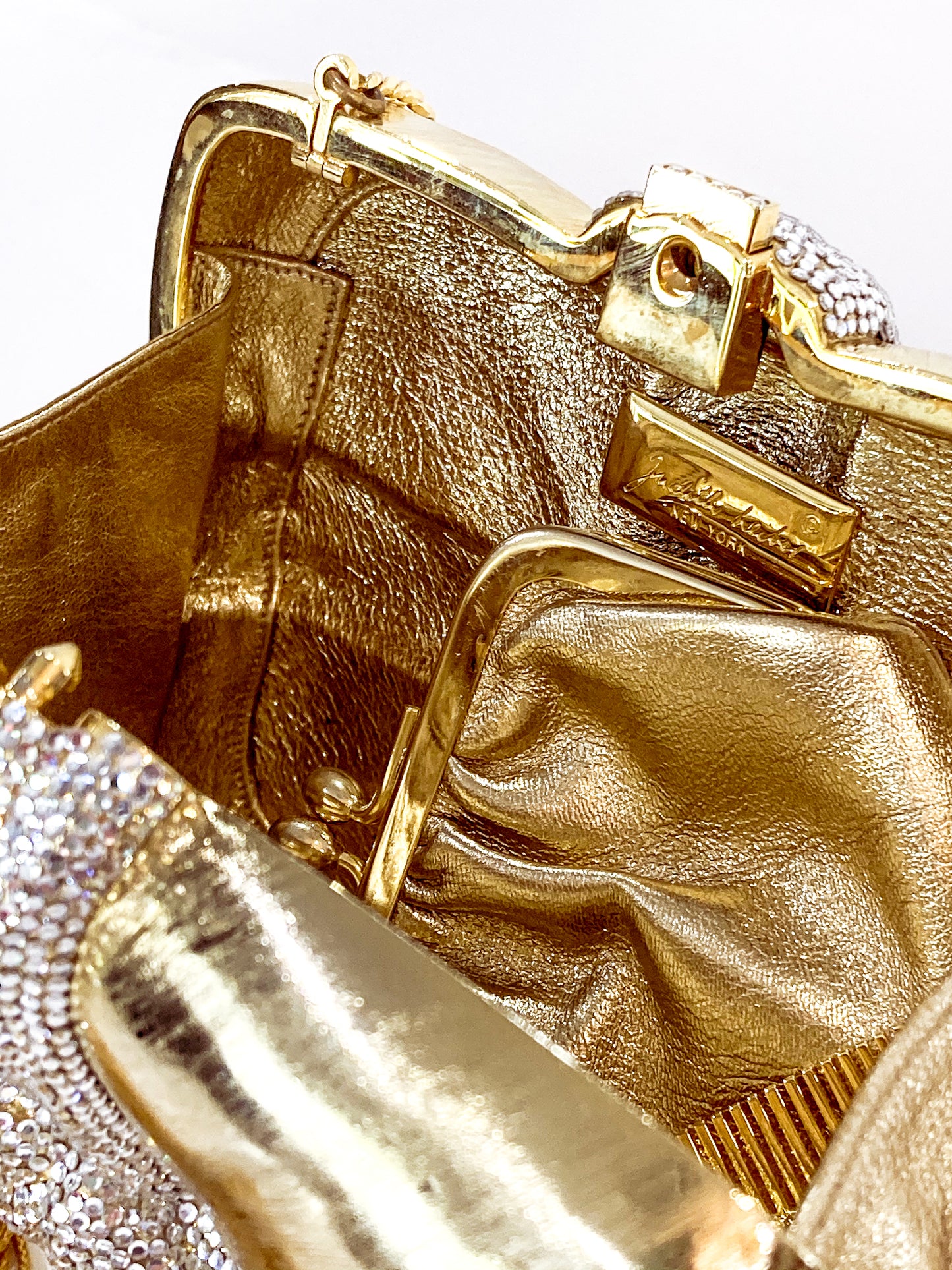 Vintage Judith Leiber Swarovski Crystal Gold Present Large Tassel Crossbody Clutch Bag