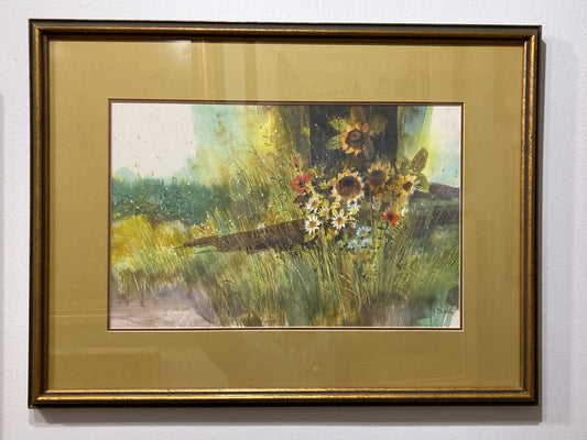 Vintage 1970s Floral Landscape Watercolor Framed Painting