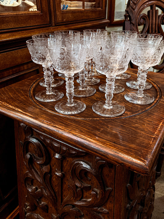 12 Dazzling Vintage Hand Engraved Clear Glass Stemmed Wine Cocktail Glasses