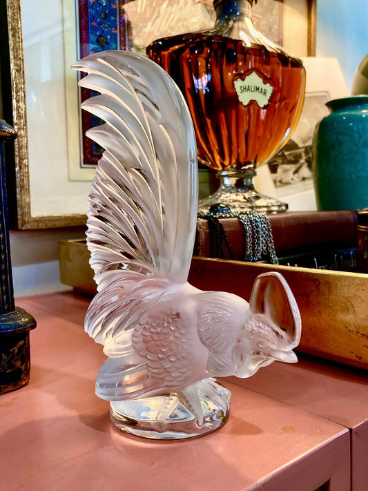 20th Century  Lalique Frosted Clear Crystal Rooster Figurine Sculpture