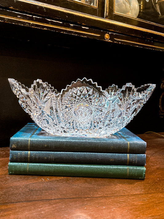 Antique 1900s American Brilliant Cut Clear Glass Oval Scalloped Edge Bowl