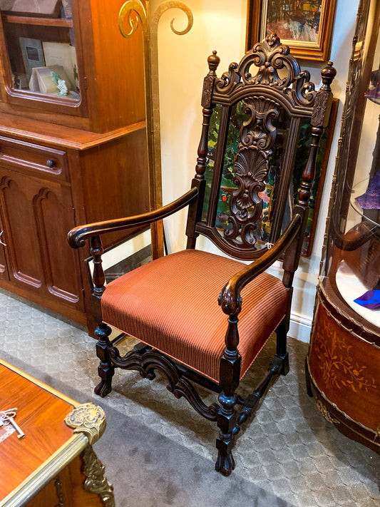Antique 1900s Jacobean Style Carved Walnut Wood Upholstered Throne Chair
