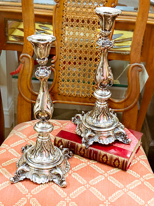 Antique 19th Century Polish Silver Plated Ornate Shabbat Candlesticks