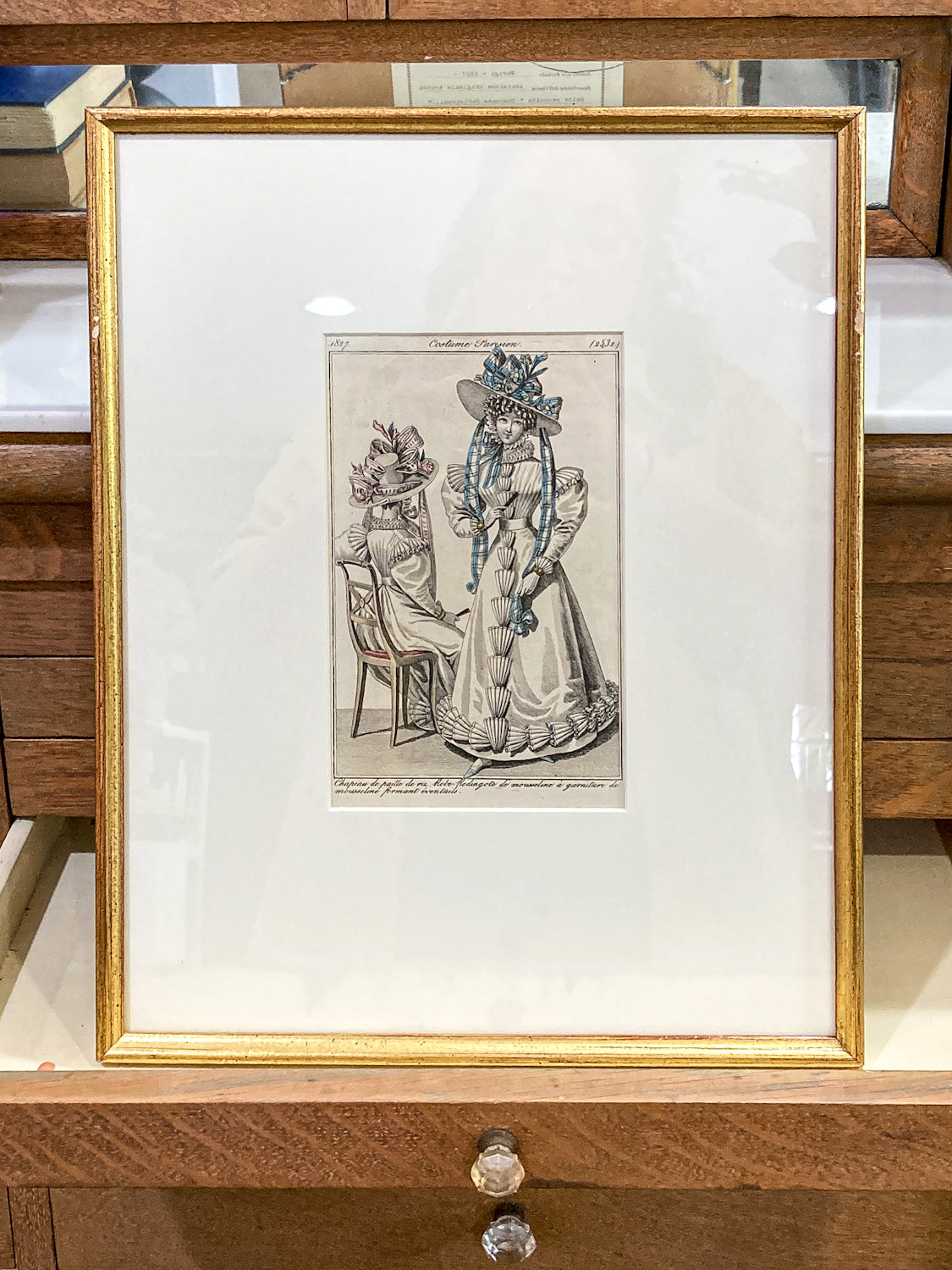 Framed Antique French 19th Century 1827 Parisian Fashion Plate Print