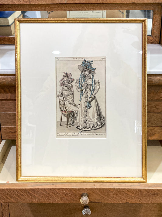 Framed Antique French 19th Century 1827 Parisian Fashion Plate Print