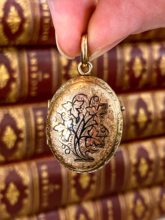 Antique Gold Filled Oval Floral Engraved Mourning Hair Locket Pendant