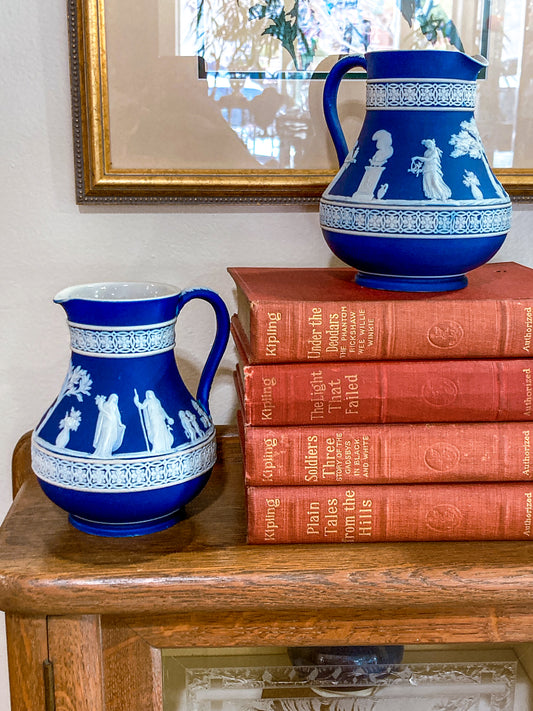 Pair Antique Wedgwood 1900s Neoclassical Blue Jasperware Jugs
