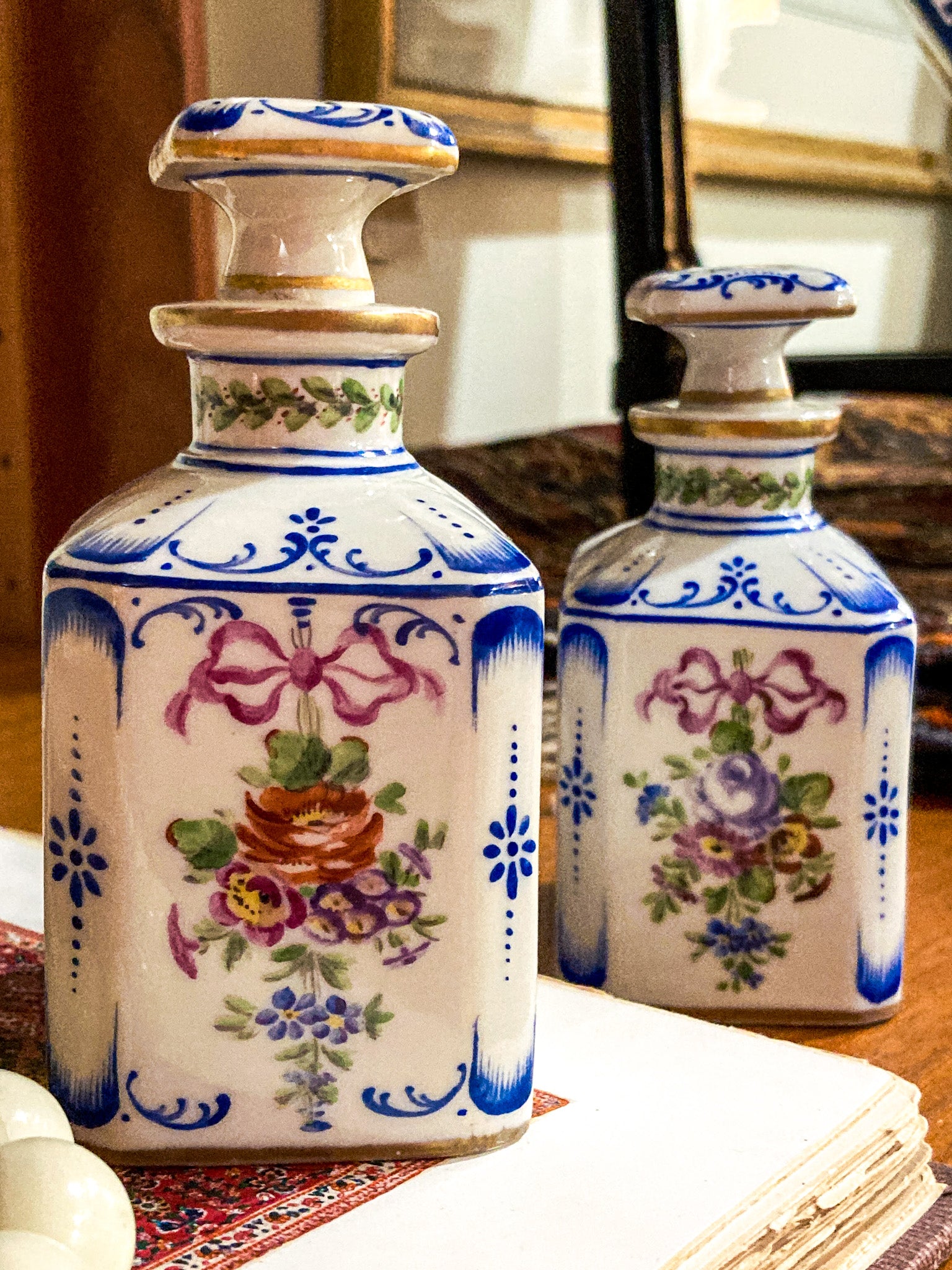 Antique Pair Hand Painted Floral French Porcelain Scent Fragrance Bottles