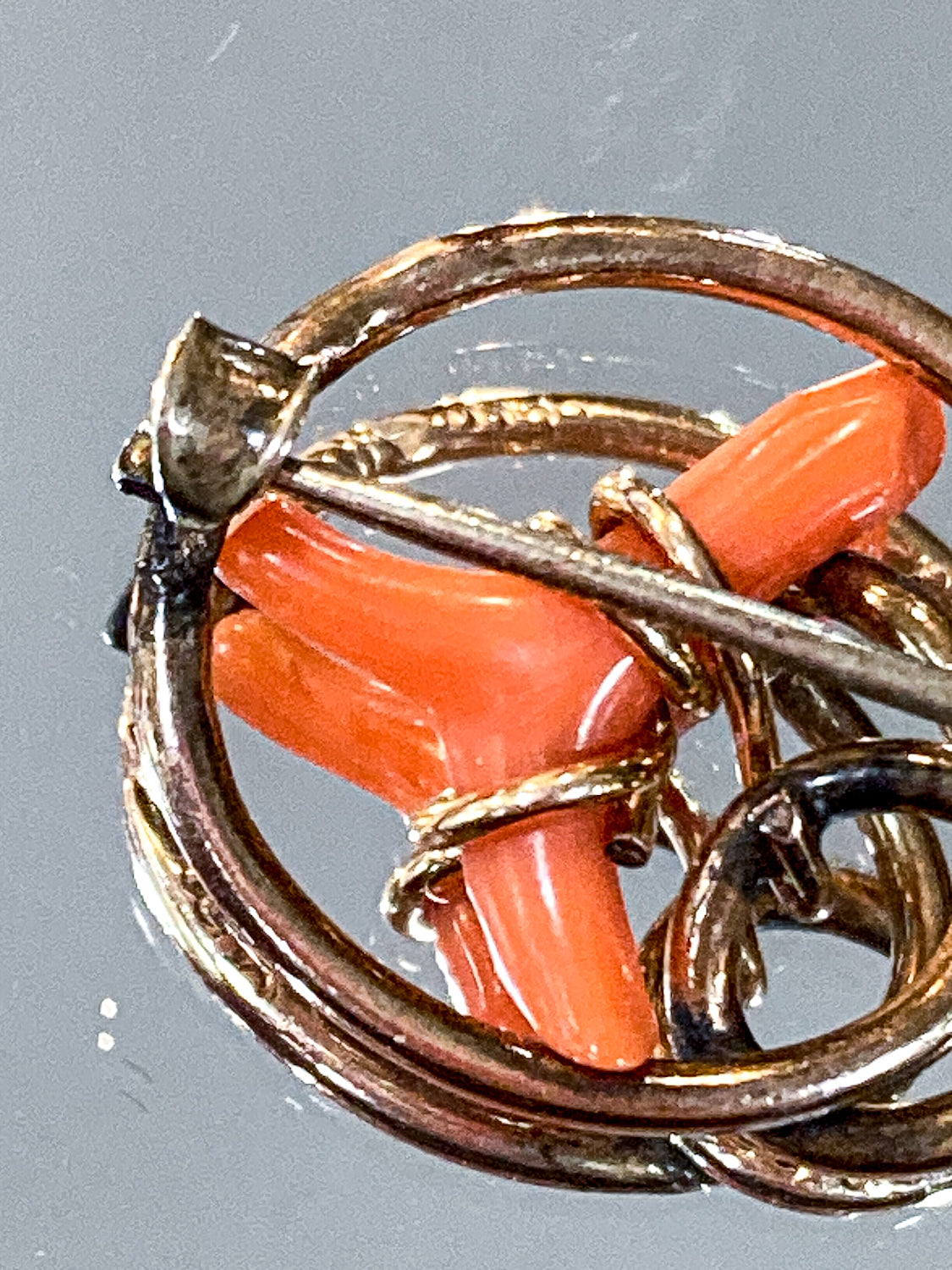 Antique Victorian Gold Filled Engraved Natural Coral Piece Love Knot Pin