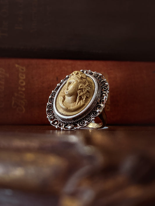 Antique Victorian Gold Sterling Silver Filigree Lava Stone Cameo Ring
