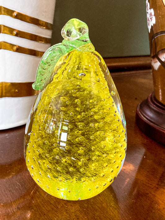 Colorful Unsigned Blown Bubble Glass Yellow Pear Fruit Paperweight