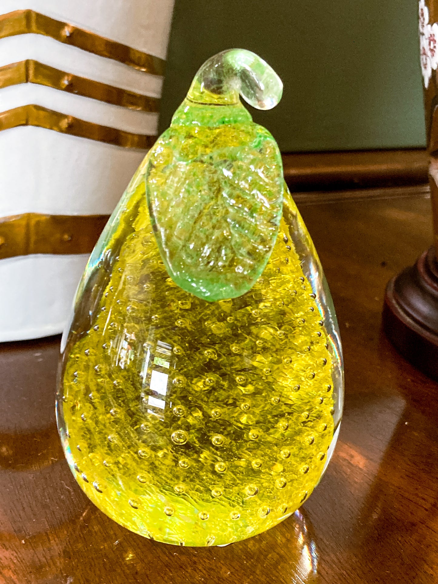 Colorful Unsigned Blown Bubble Glass Yellow Pear Fruit Paperweight