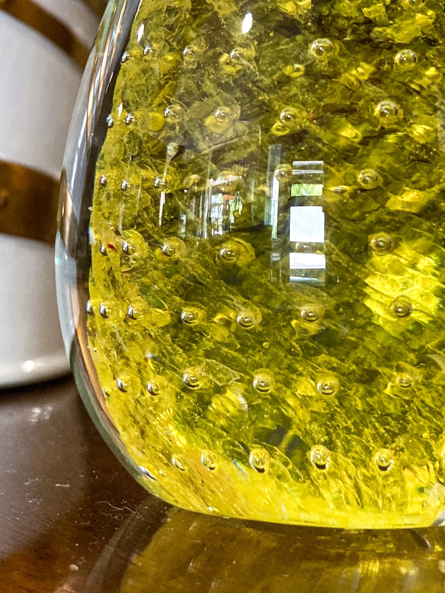 Colorful Unsigned Blown Bubble Glass Yellow Pear Fruit Paperweight