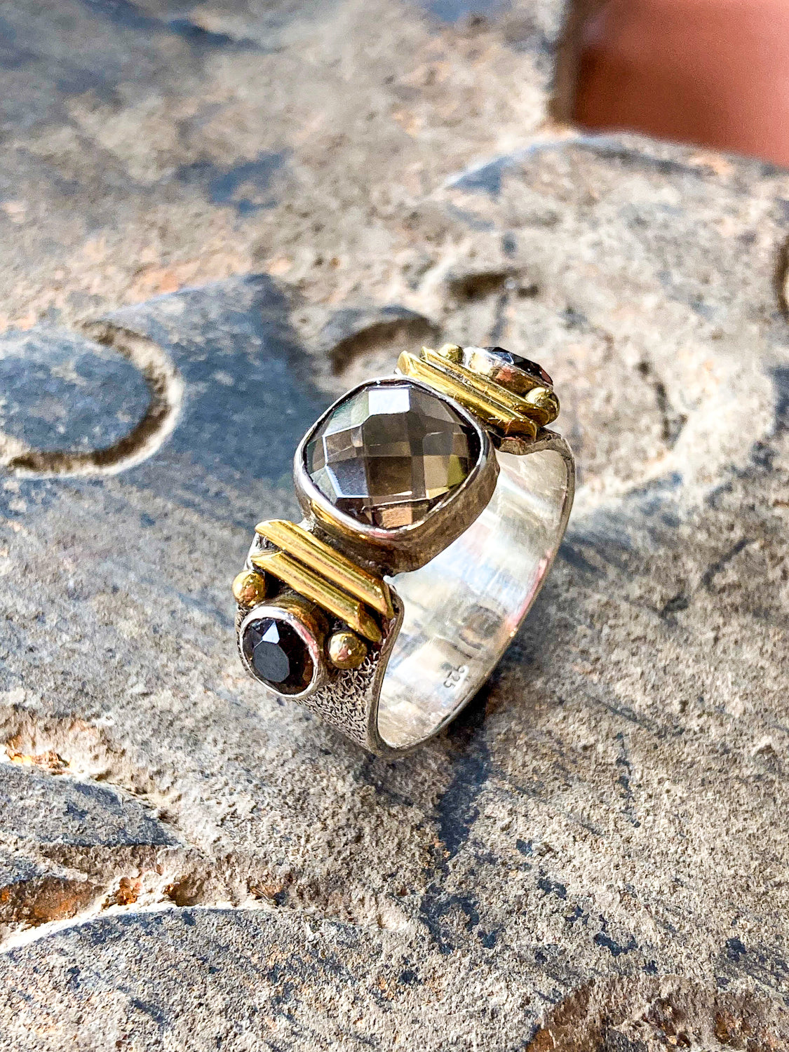 Contemporary Textured Sterling Silver Cushion Cut Smoky Quartz Ring