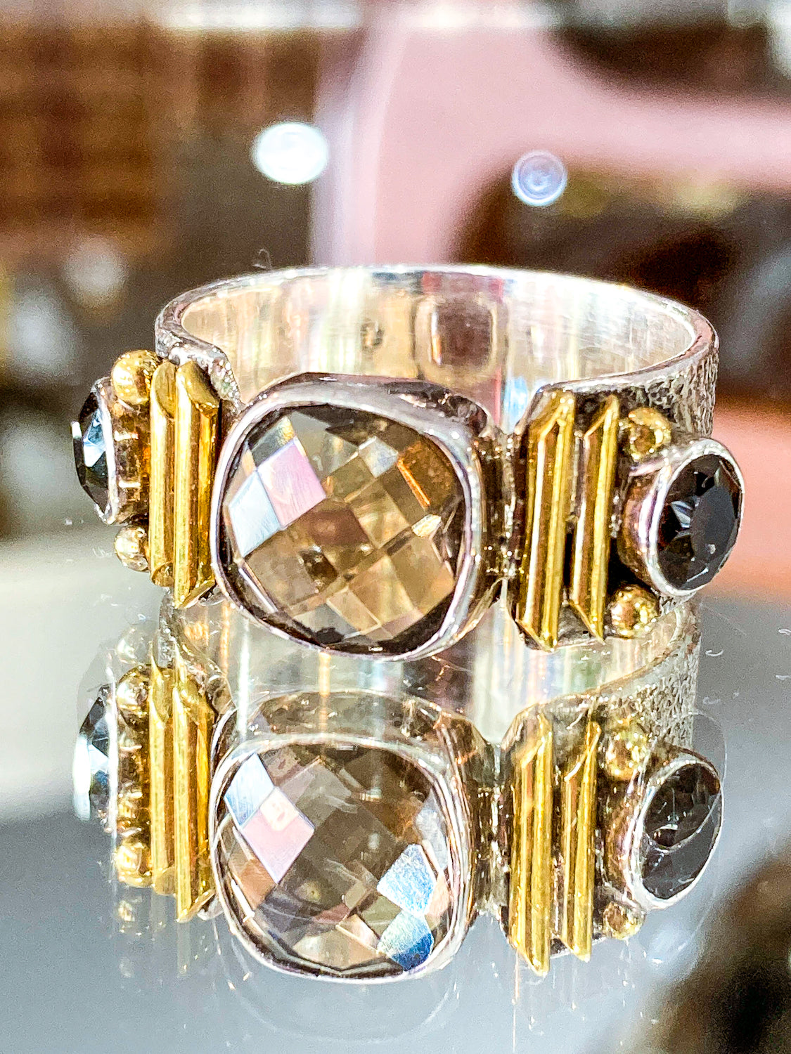 Contemporary Textured Sterling Silver Cushion Cut Smoky Quartz Ring