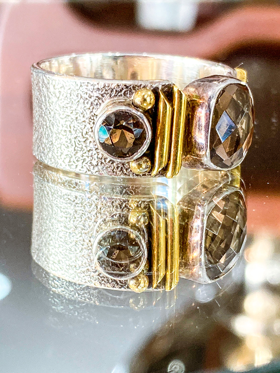 Contemporary Textured Sterling Silver Cushion Cut Smoky Quartz Ring