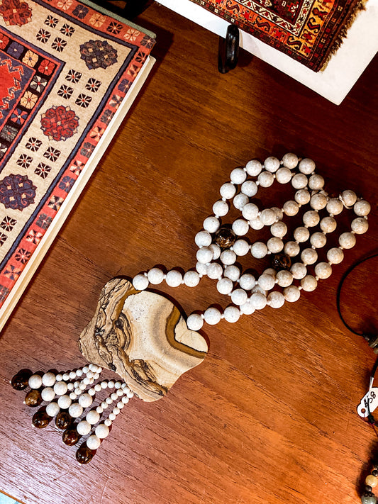 Stunning Natural Stone Pendant Hand Knotted Bead Tassel Statement Necklace