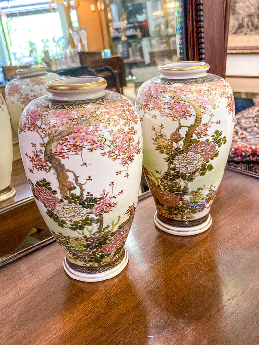 Pair Antique Gilded Japanese Meiji Satsuma Pink Cherry Blossom Vases
