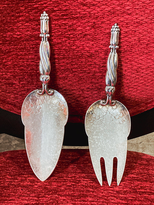 Pair Vintage Georg Jensen Pattern #91 Sterling Silver Fish Serving Set