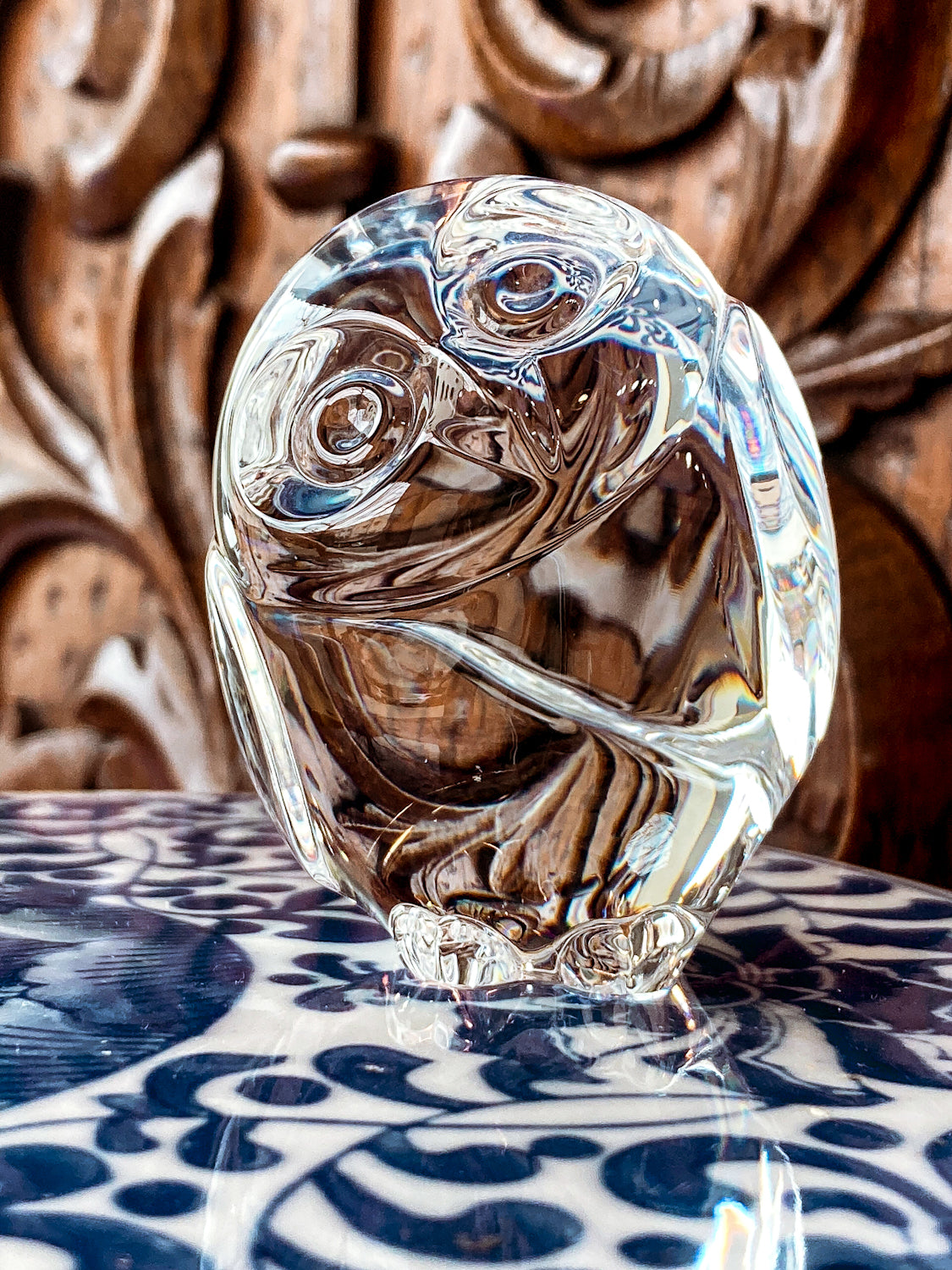 Petite Steuben Hand Cooler Stylized Clear Crystal Owl Figurine Sculpture