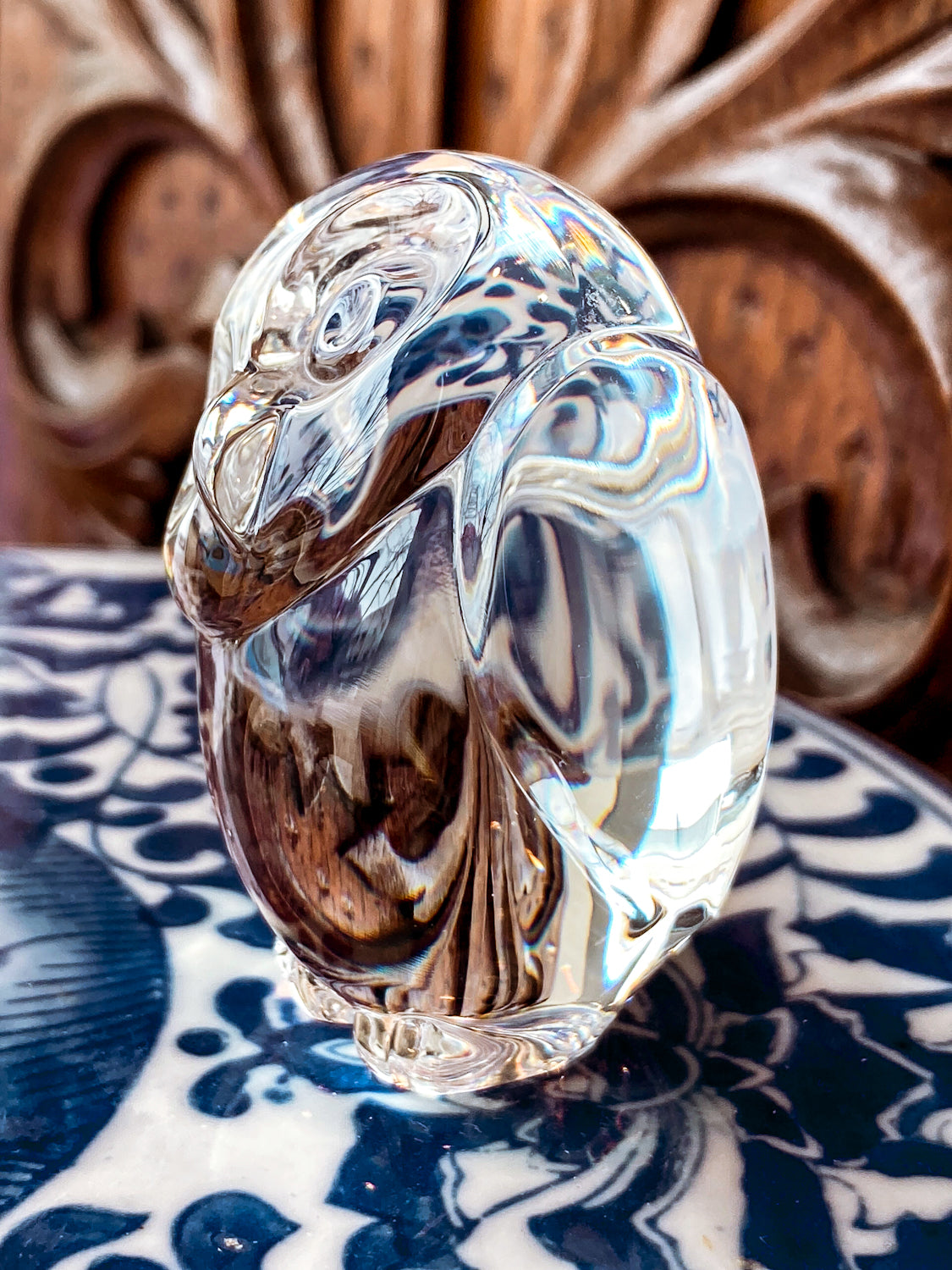 Petite Steuben Hand Cooler Stylized Clear Crystal Owl Figurine Sculpture
