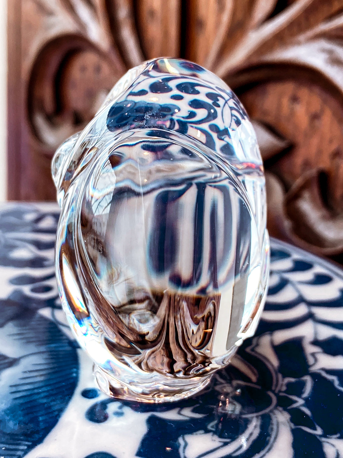 Petite Steuben Hand Cooler Stylized Clear Crystal Owl Figurine Sculpture