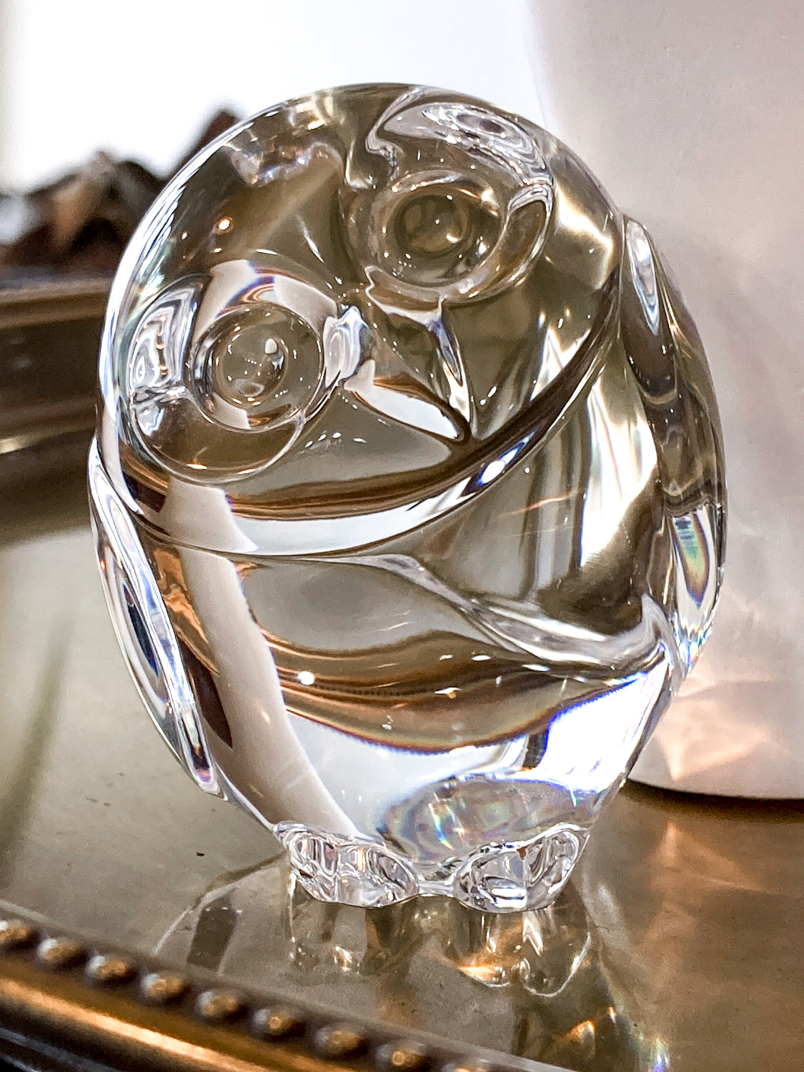 Petite Steuben Hand Cooler Stylized Clear Crystal Owl Figurine Sculpture