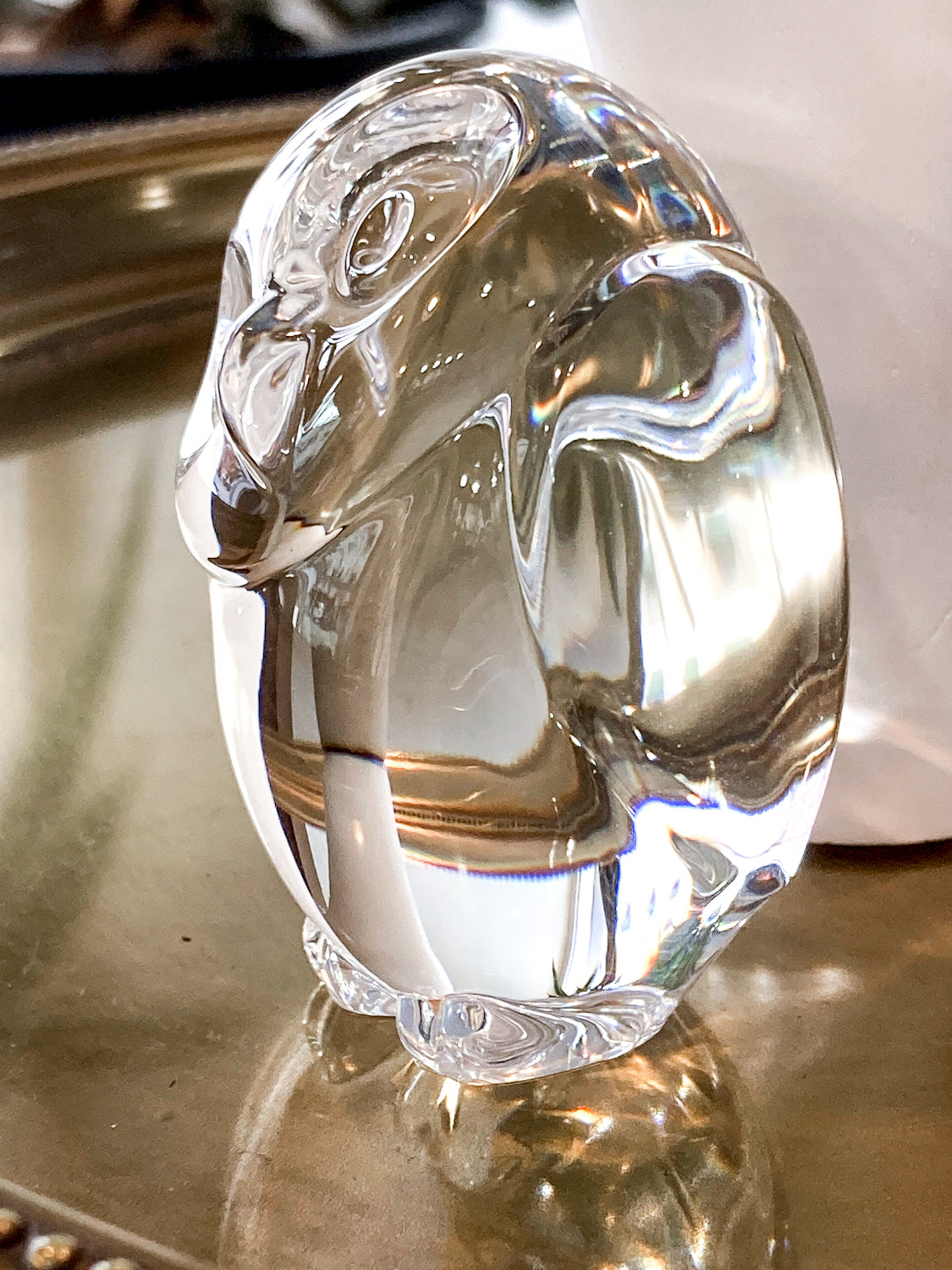 Petite Steuben Hand Cooler Stylized Clear Crystal Owl Figurine Sculpture