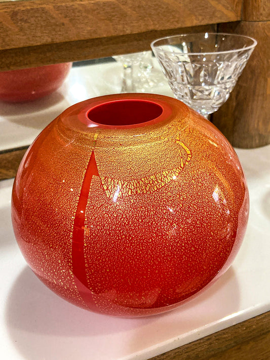 Scott Summerfield Handblown Red Gold Leaf Spherical Round Glass Vase