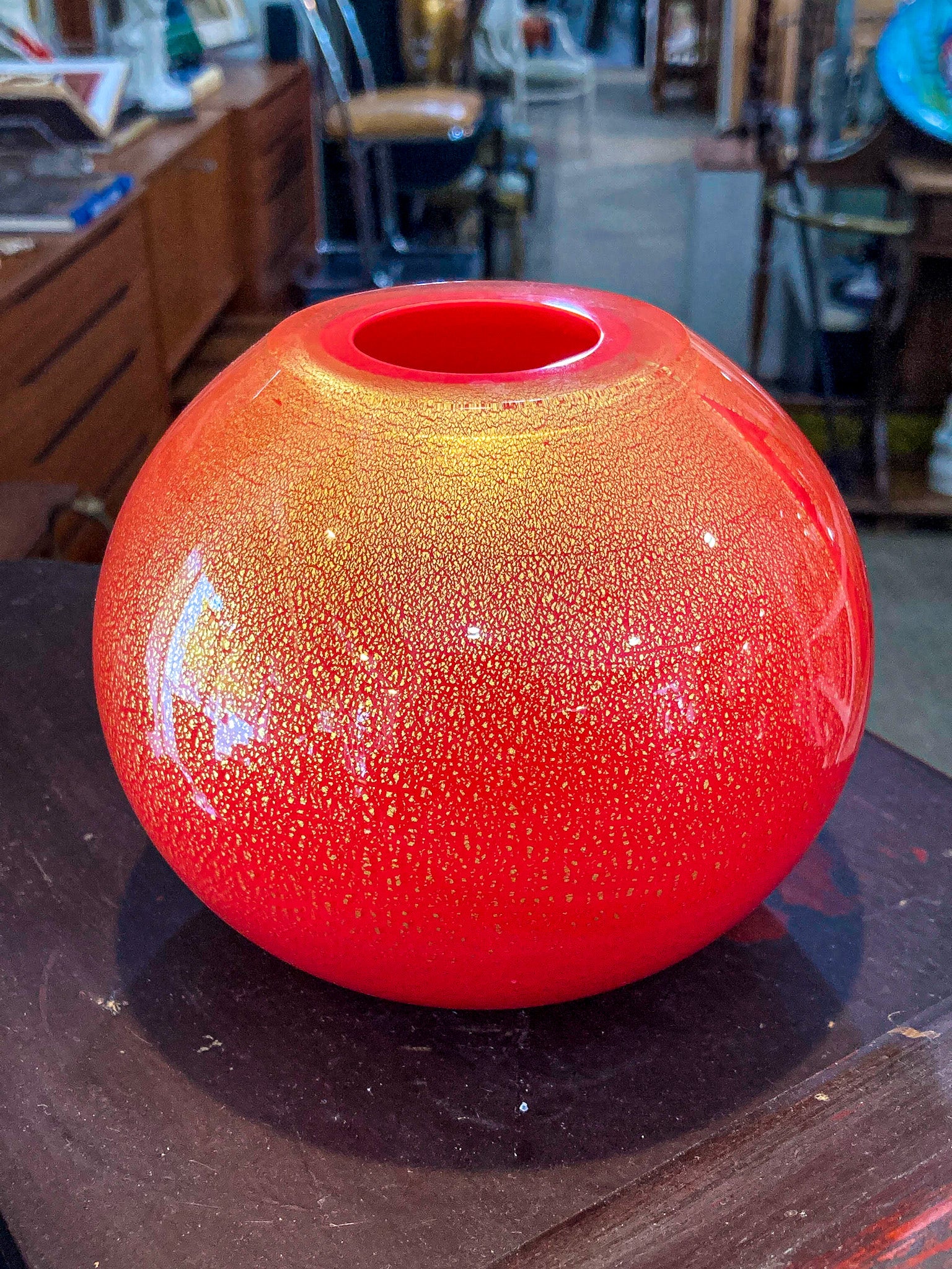 Scott Summerfield Handblown Red Gold Leaf Spherical Round Glass Vase