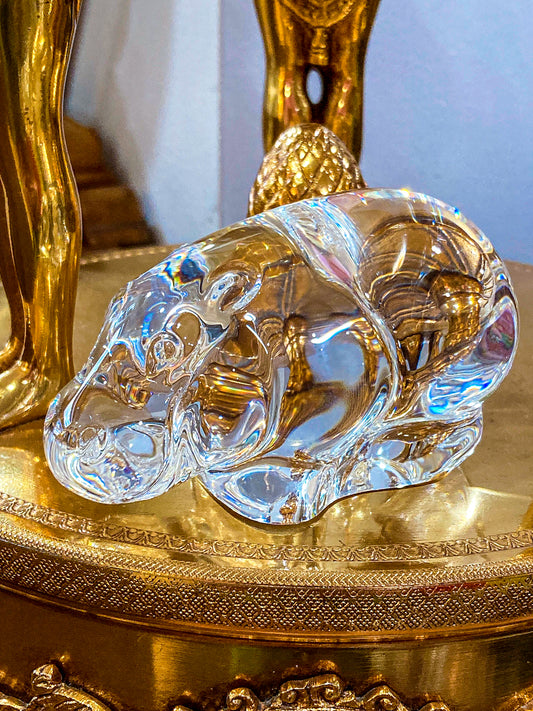 Steuben Clear Crystal Miniature House Hippo Hand Cooler Figurine Sculpture