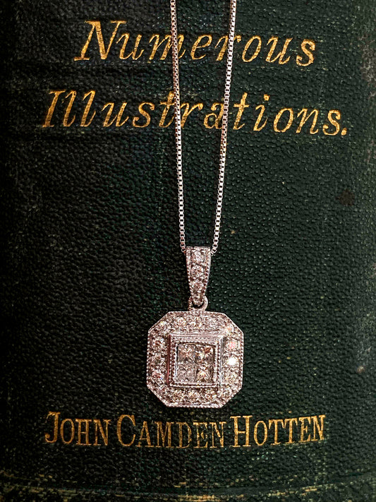 Stunning 14K White Gold Multi Diamond Elegant Squared Pendant Necklace