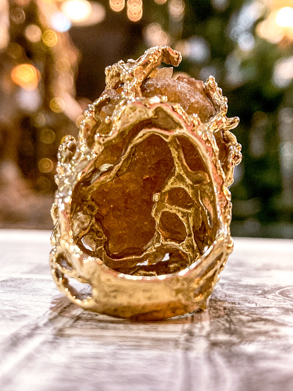 Vintage Artistic 14K Yellow Gold Brutalist Druzy Citrine Cocktail Ring