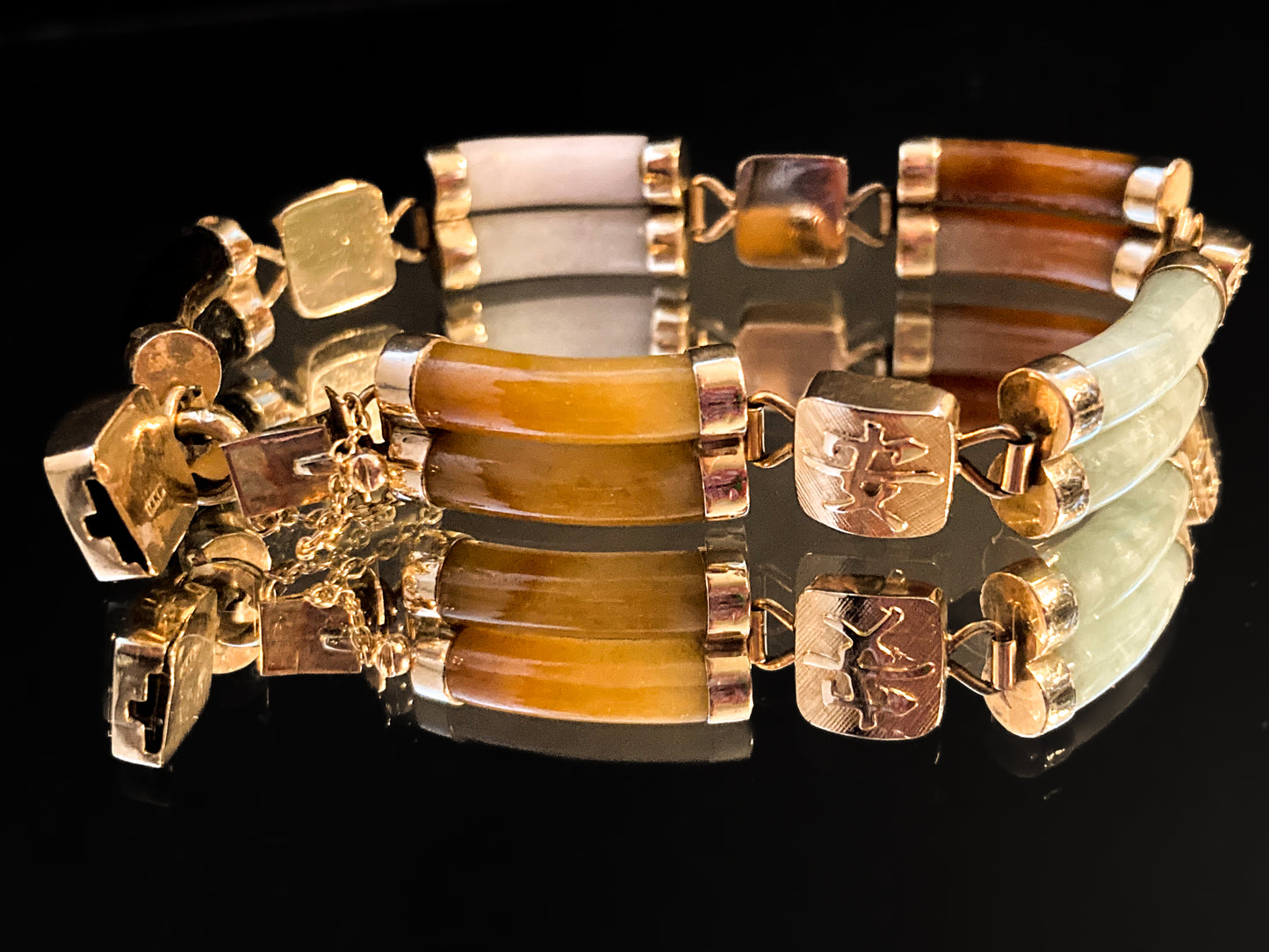 Vintage 14K Yellow Gold Bamboo Nephrite Jade Double Banded Chinese Bracelet