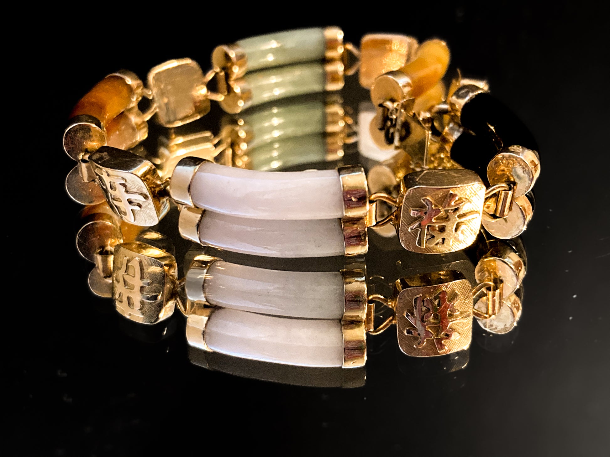 Vintage 14K Yellow Gold Bamboo Nephrite Jade Double Banded Chinese Bracelet