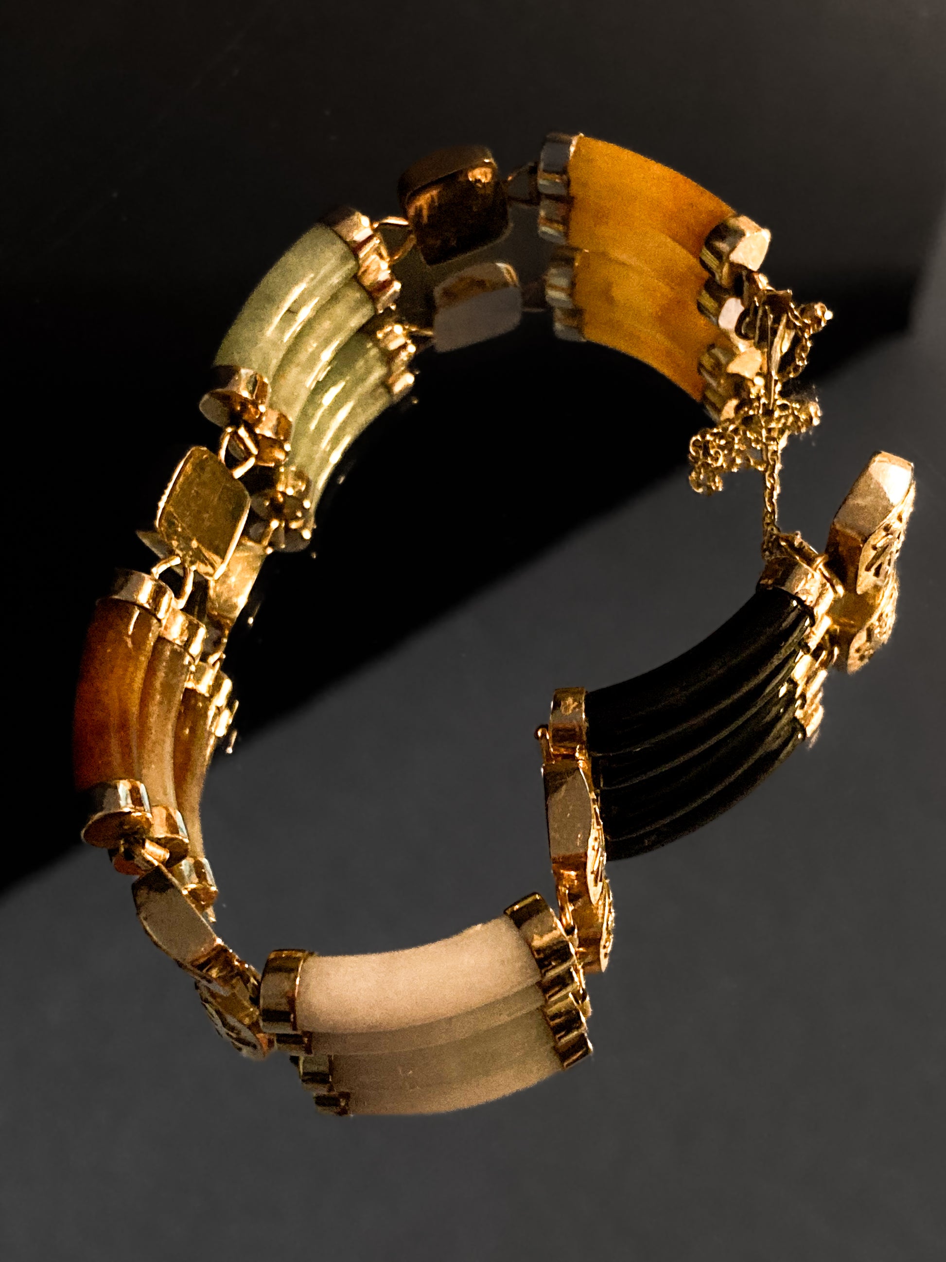 Vintage 14K Yellow Gold Bamboo Nephrite Jade Double Banded Chinese Bracelet