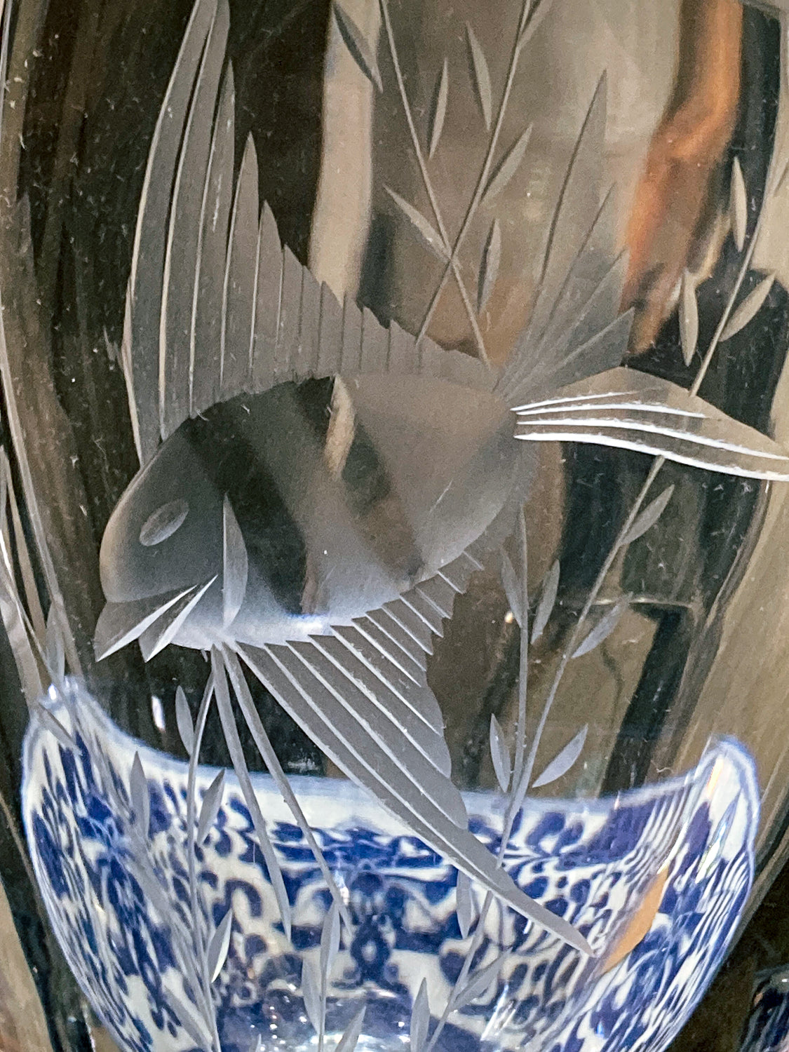 1950s Vintage Swedish Handblown Crystal Aquatic Angel Fish Etched Vase