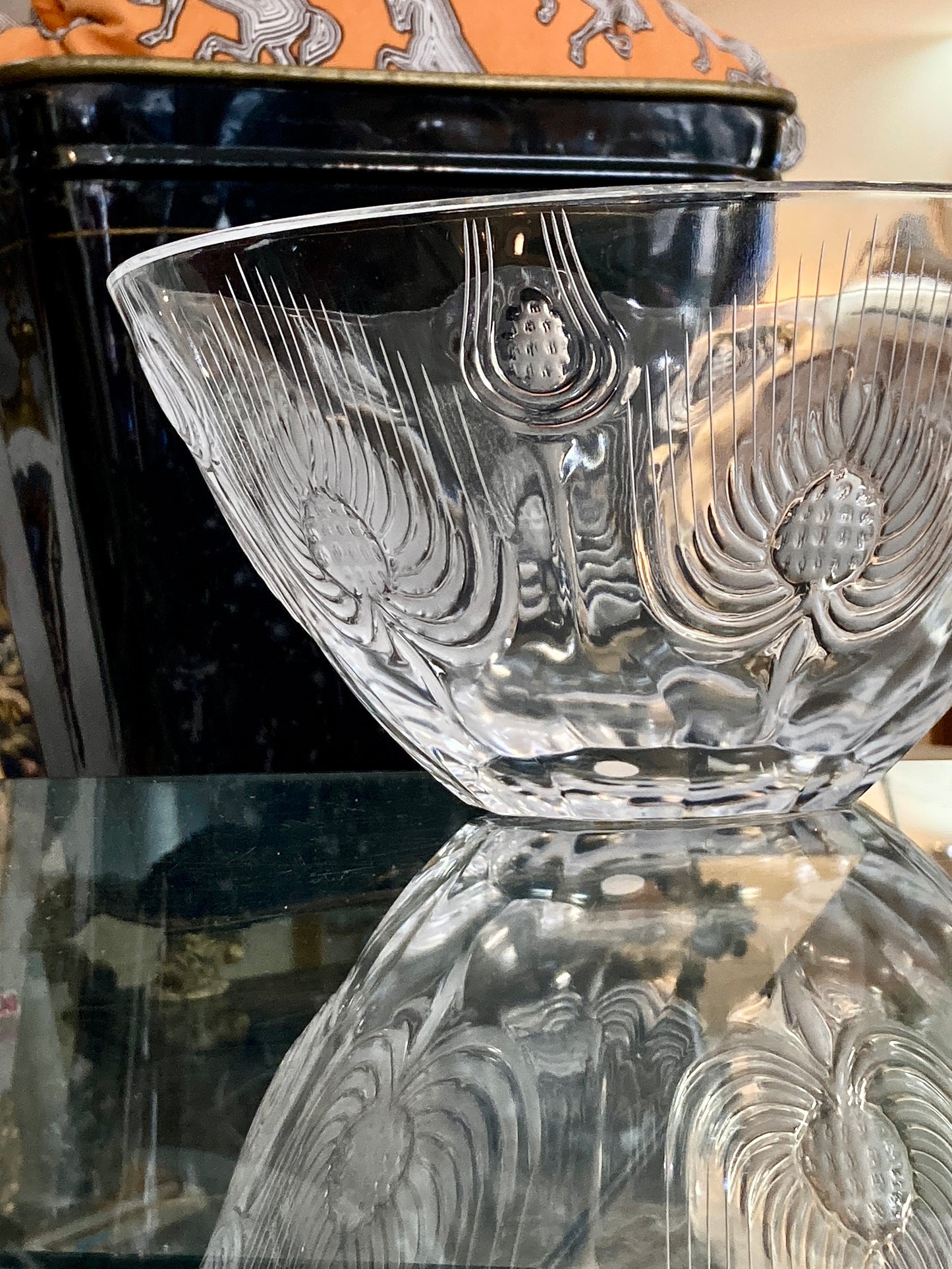 Vintage 1960s Lalique Clear Crystal Thistle Pattern Art Deco Style Bowl