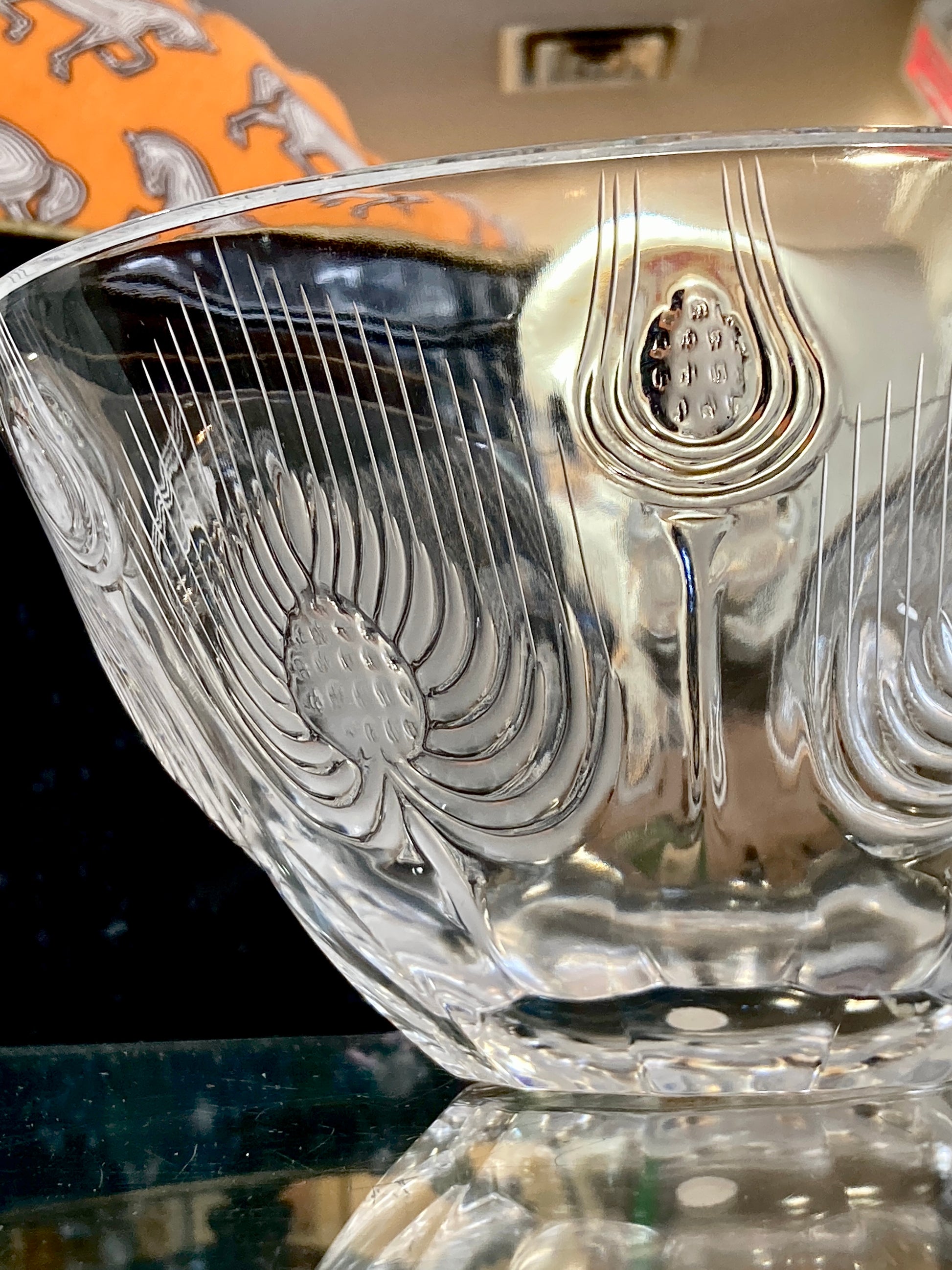 Vintage 1960s Lalique Clear Crystal Thistle Pattern Art Deco Style Bowl