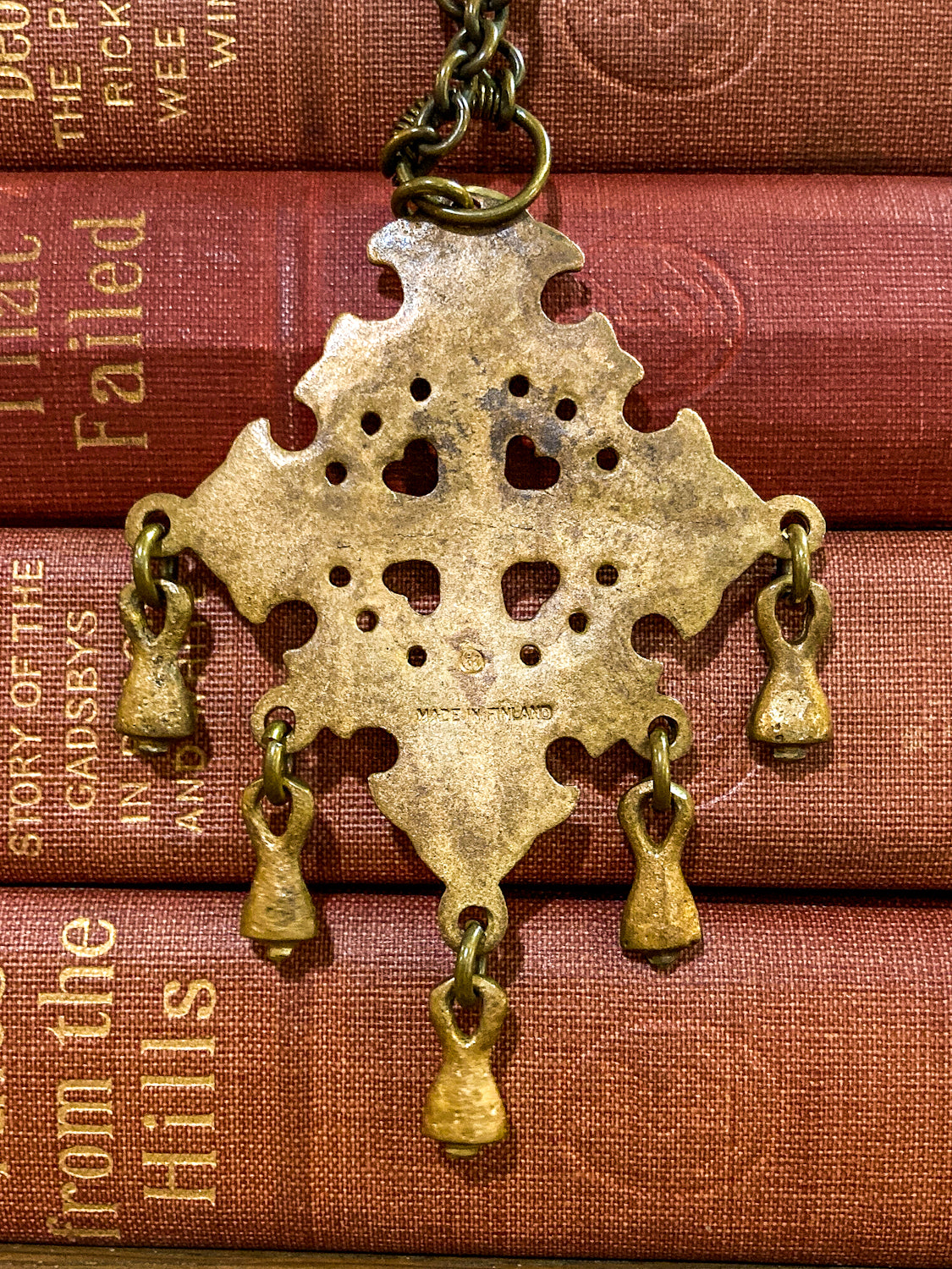 Vintage 1970s Kalevala Koru Finnish Ancient Style Gold Metal Dangle Necklace