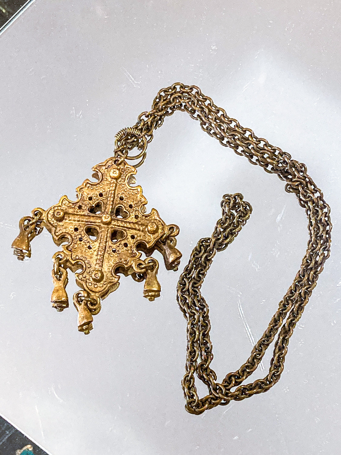 Vintage 1970s Kalevala Koru Finnish Ancient Style Gold Metal Dangle Necklace