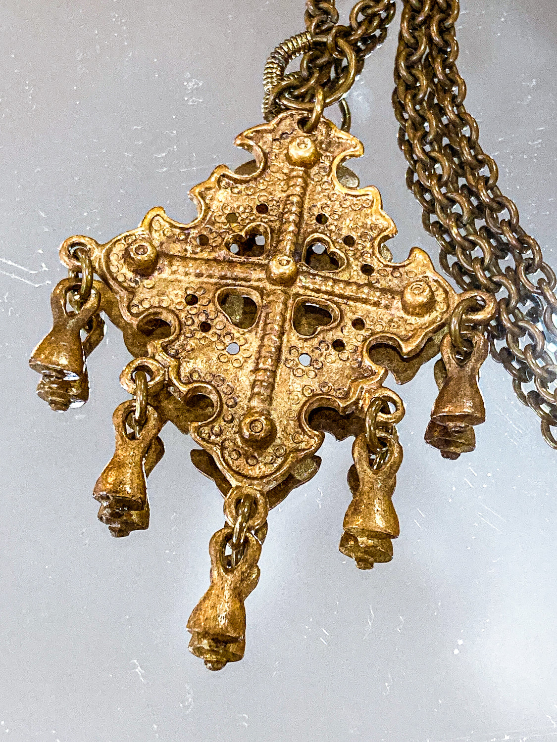 Vintage 1970s Kalevala Koru Finnish Ancient Style Gold Metal Dangle Necklace