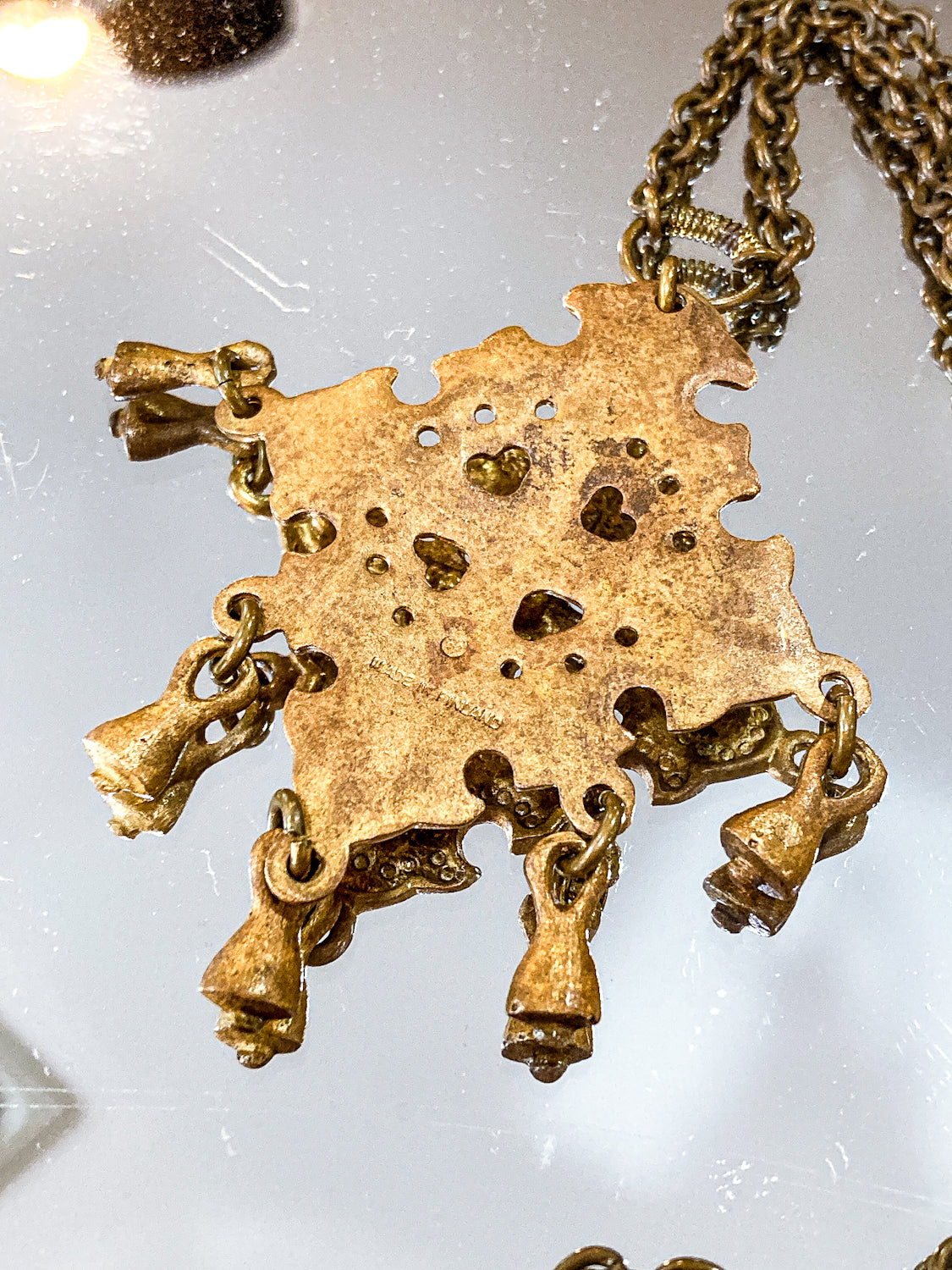 Vintage 1970s Kalevala Koru Finnish Ancient Style Gold Metal Dangle Necklace