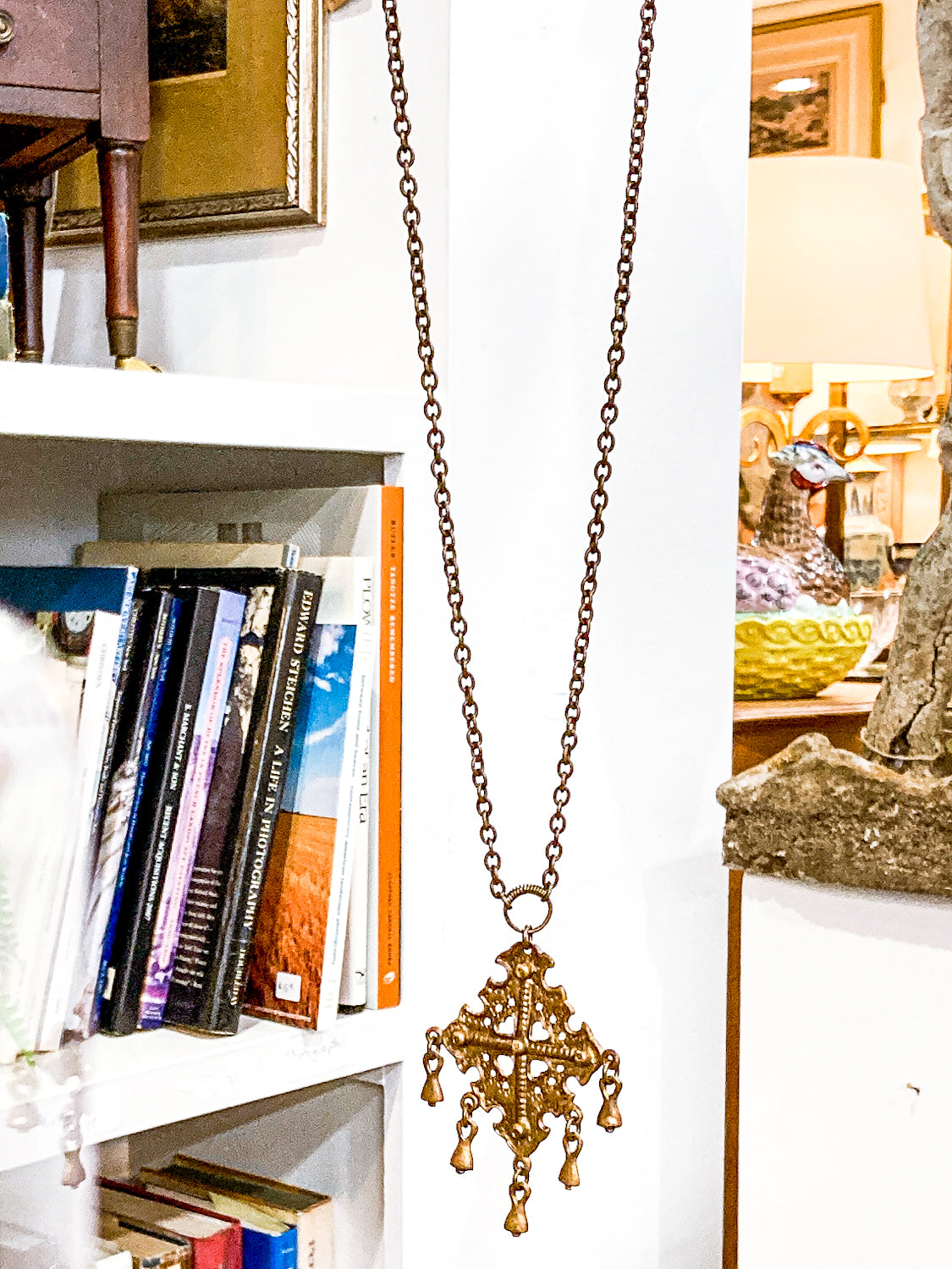 Vintage 1970s Kalevala Koru Finnish Ancient Style Gold Metal Dangle Necklace