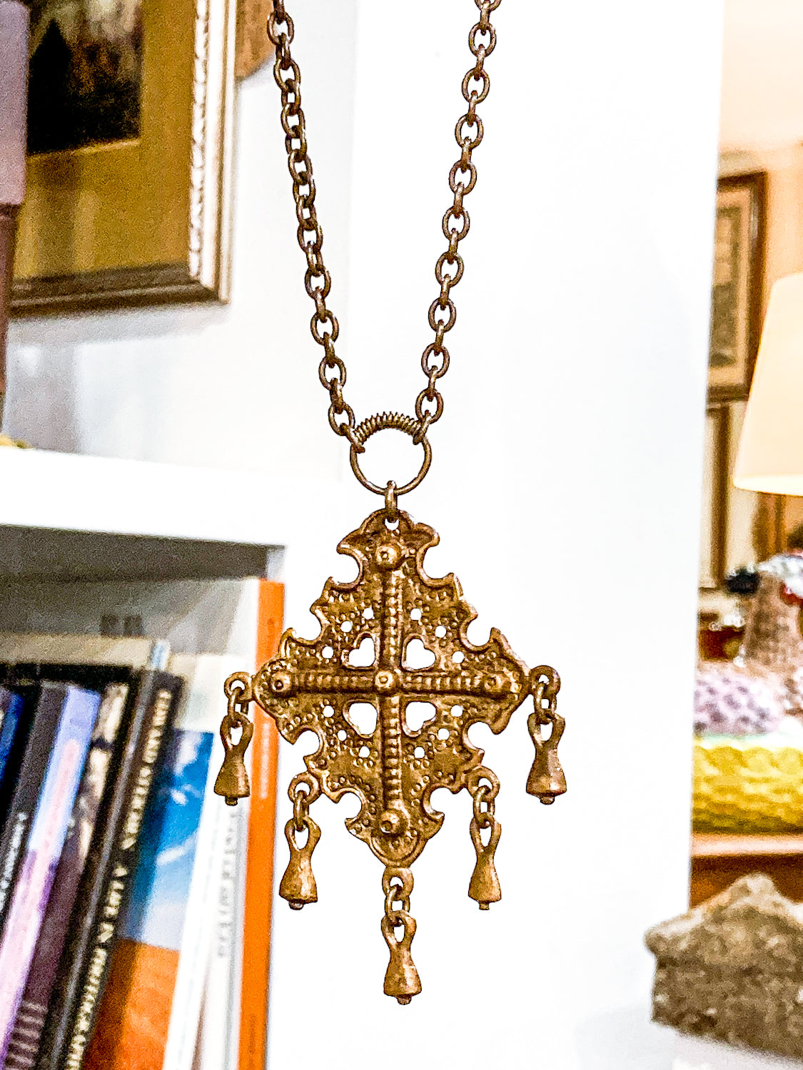 Vintage 1970s Kalevala Koru Finnish Ancient Style Gold Metal Dangle Necklace