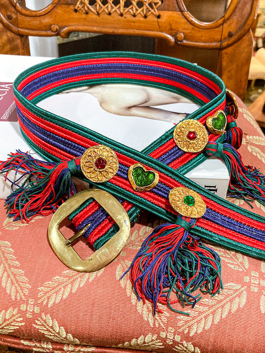Vintage 1970s Yves Saint Laurent Heart Green Red Blue Tassel Rope Belt