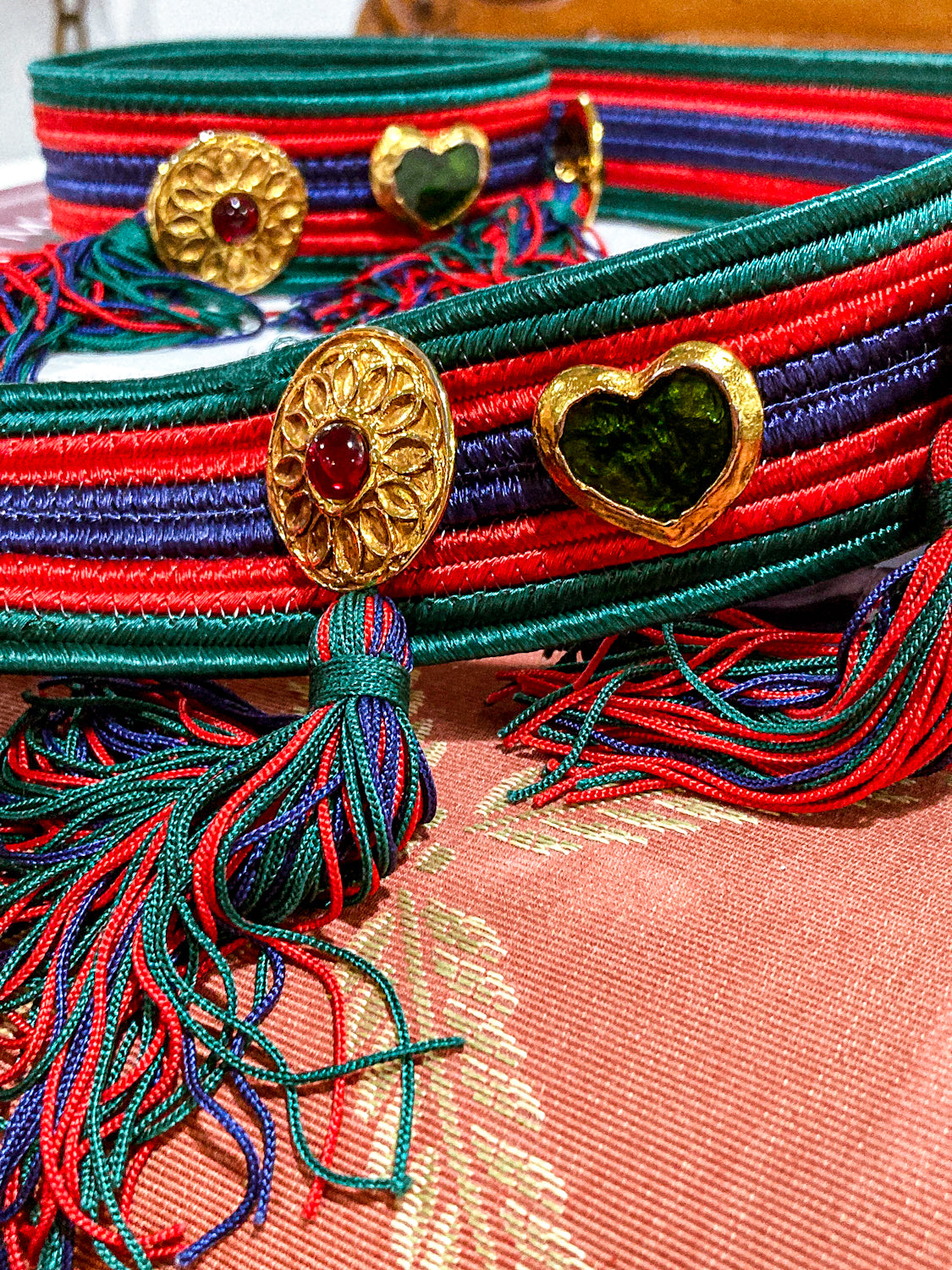 Vintage 1970s Yves Saint Laurent Heart Green Red Blue Tassel Rope Belt