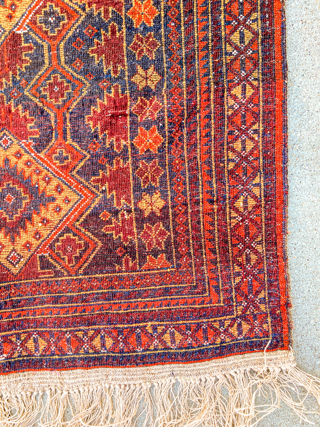 Vintage 1980s Orange Red Fringe 5x3ft Hand Woven Persian Wool Area Rug Back Side