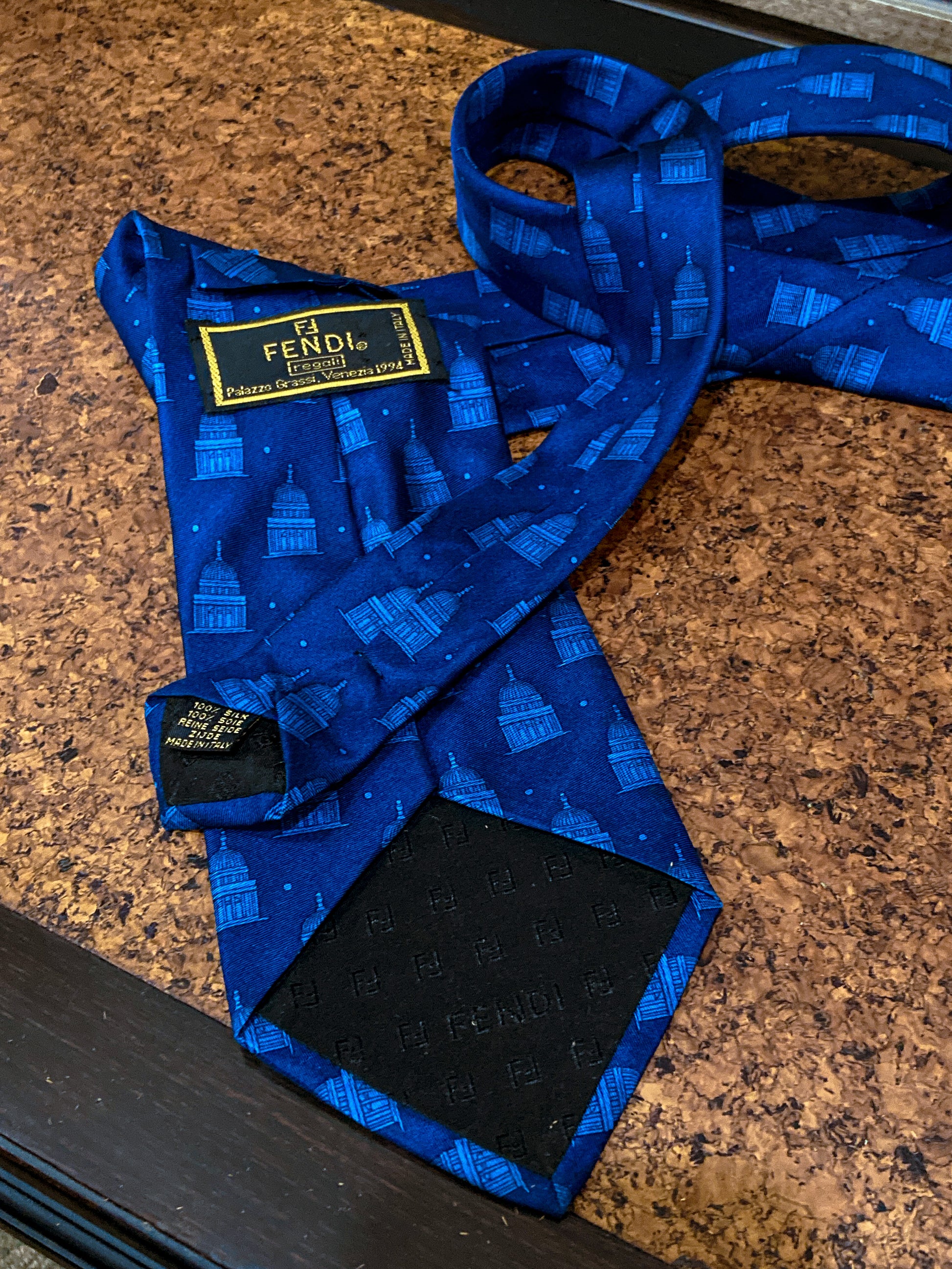Vintage 1994 FENDI Regali Palazzo Grassi Venice Architectural Italian Blue Silk Tie Back Side
