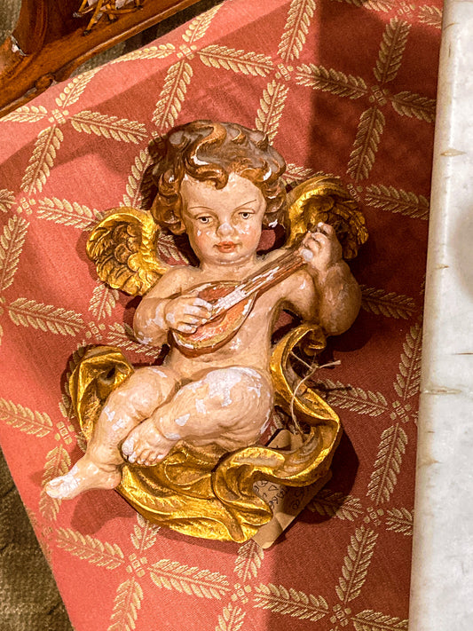 20th Century Hand Painted Gessoed Gilded Cherub Wall Hanging Sculpture